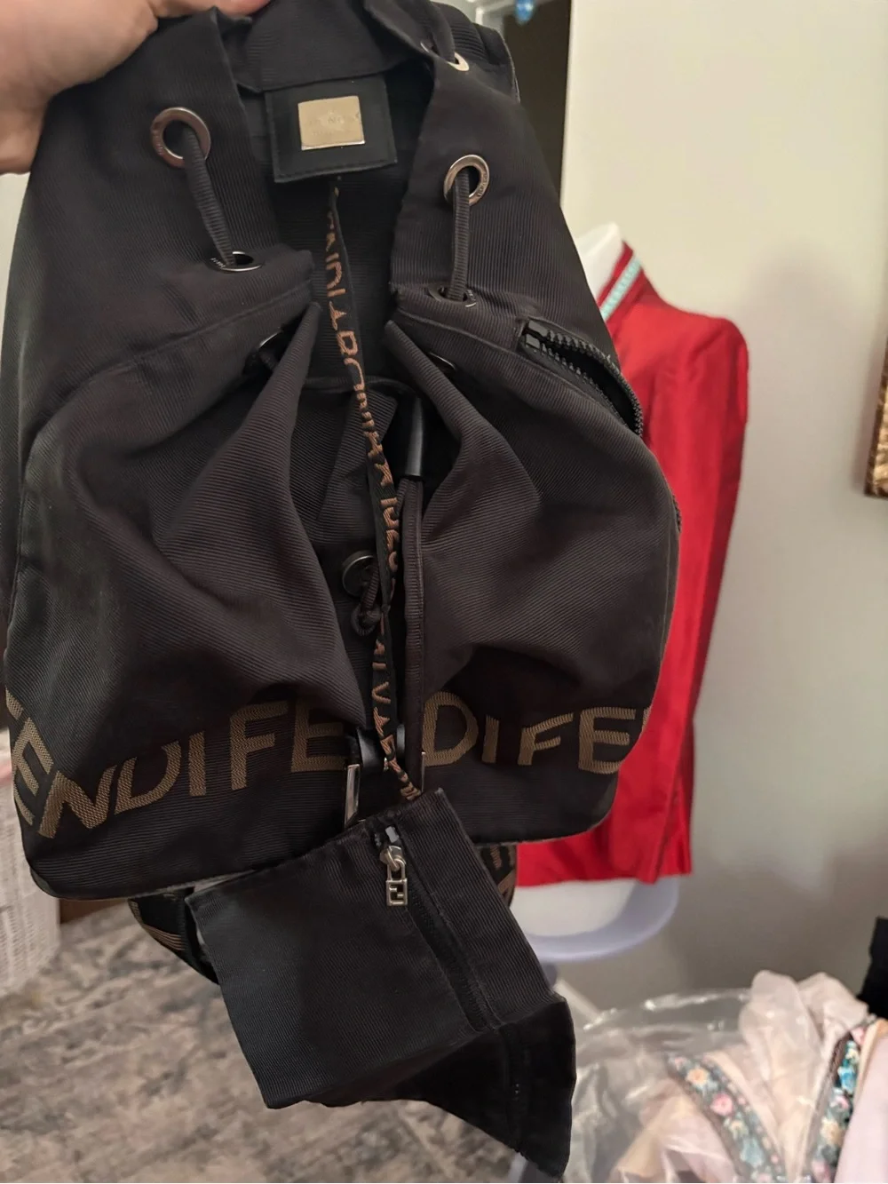 Fendi Black Nylon Logo Drawstring Backpack Vintage